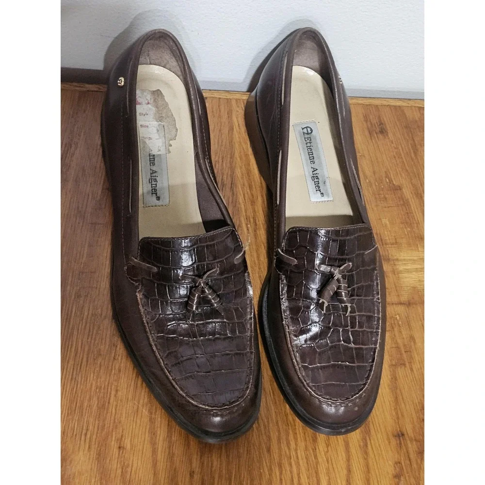 Etienne Aigner Gotham Dress Shoes Size 10 Brown Leather Croc Tassel Loafer Mens
